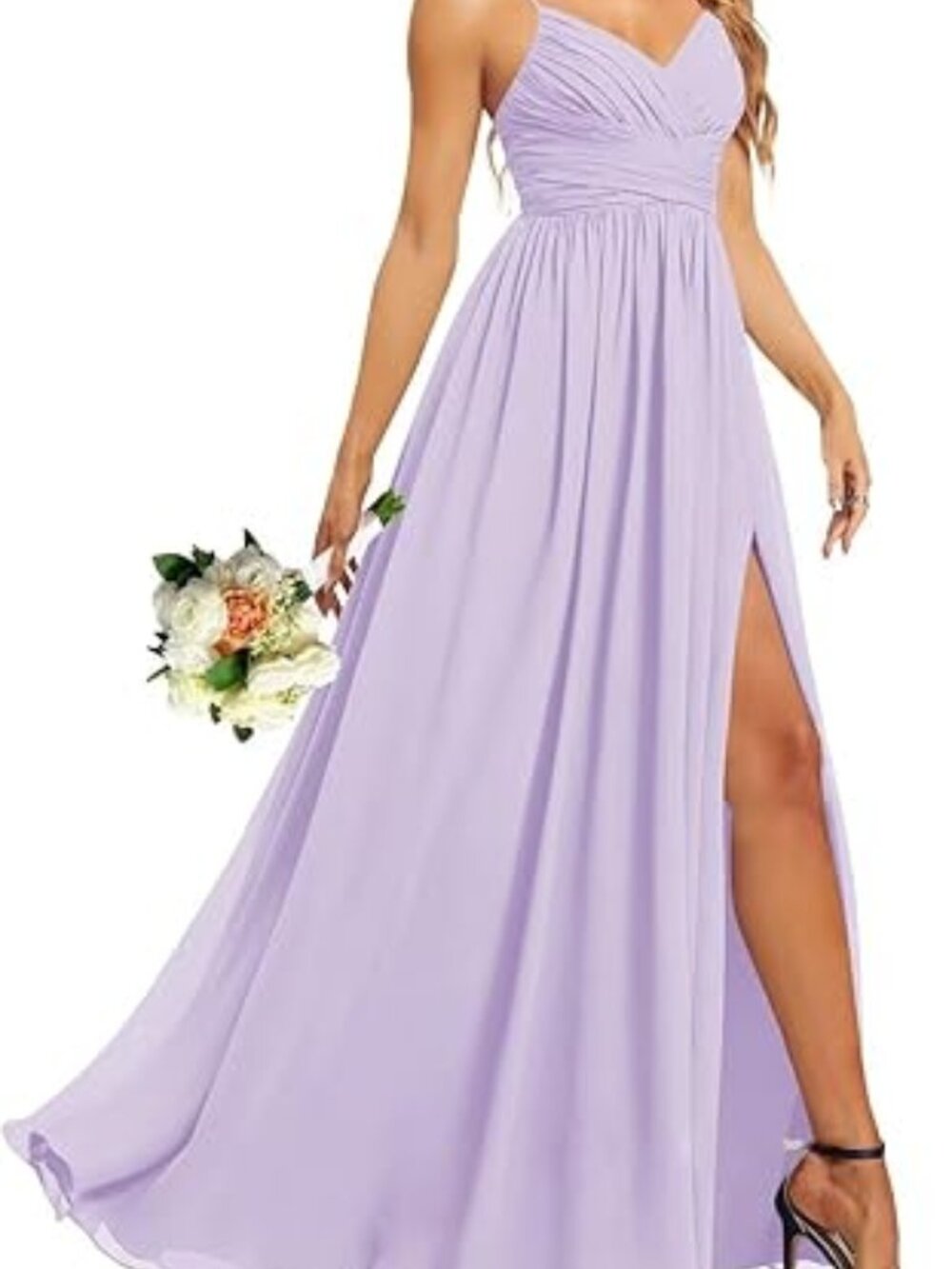 Pleated Chiffon Bridesmaid Dress Long w/ Slit LILAC Spaghetti Strap Empire Waist